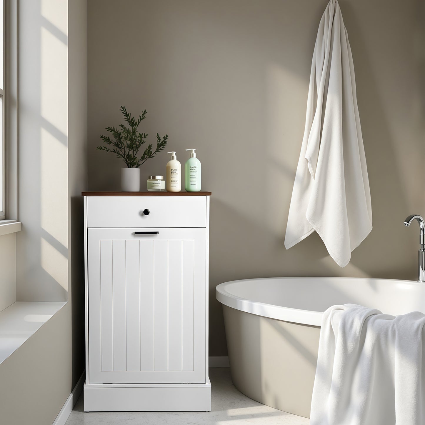 White MDF Trash Can Cabinet - 1 Drawer Freestanding Storage