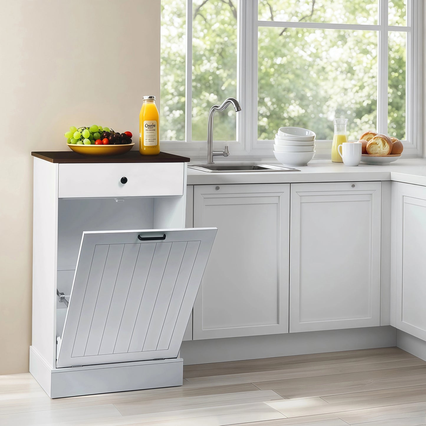 White MDF Trash Can Cabinet - 1 Drawer Freestanding Storage