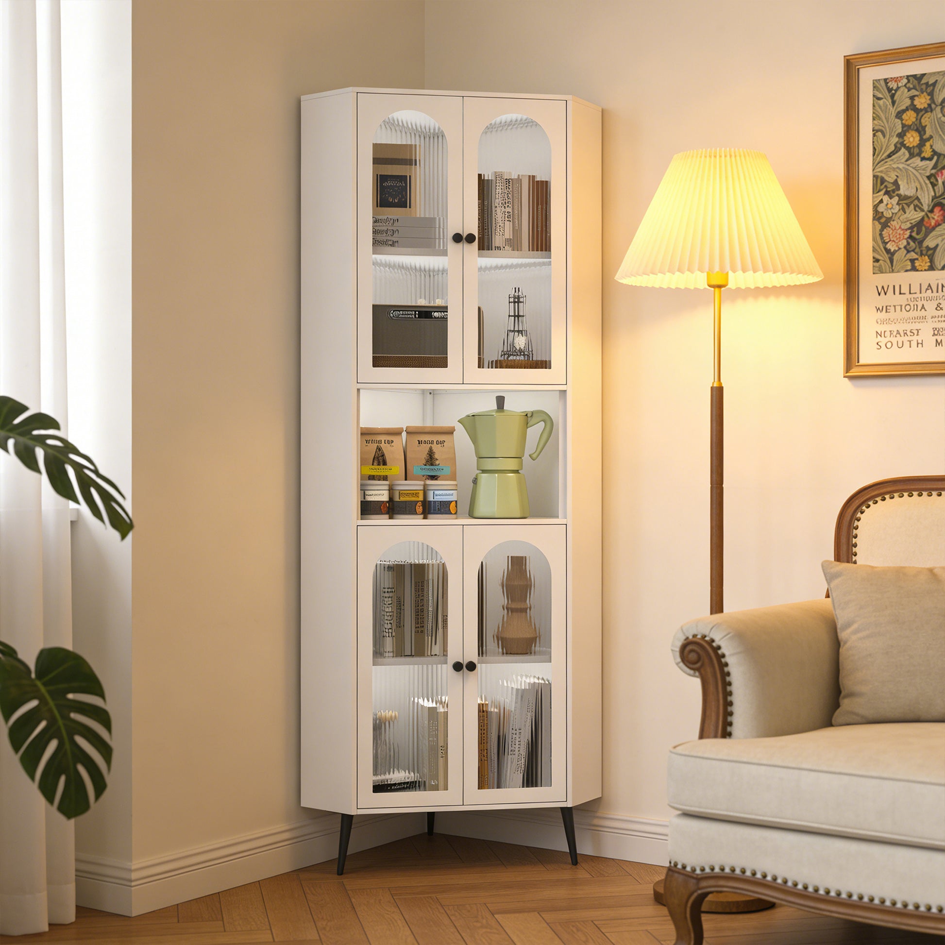 73''  Corner Cabinet, Metal Storage Cabinet with Doors and Adjustable Shelves, Corner Organizer Stylish Space-Saving Storage for Entryway, Bathroom,Bedroom,Dining Room, Living Room, Office(White)