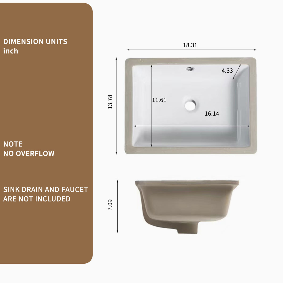 18 Inch White Ceramic Bathroom Sink - Undermount Vessel Sink