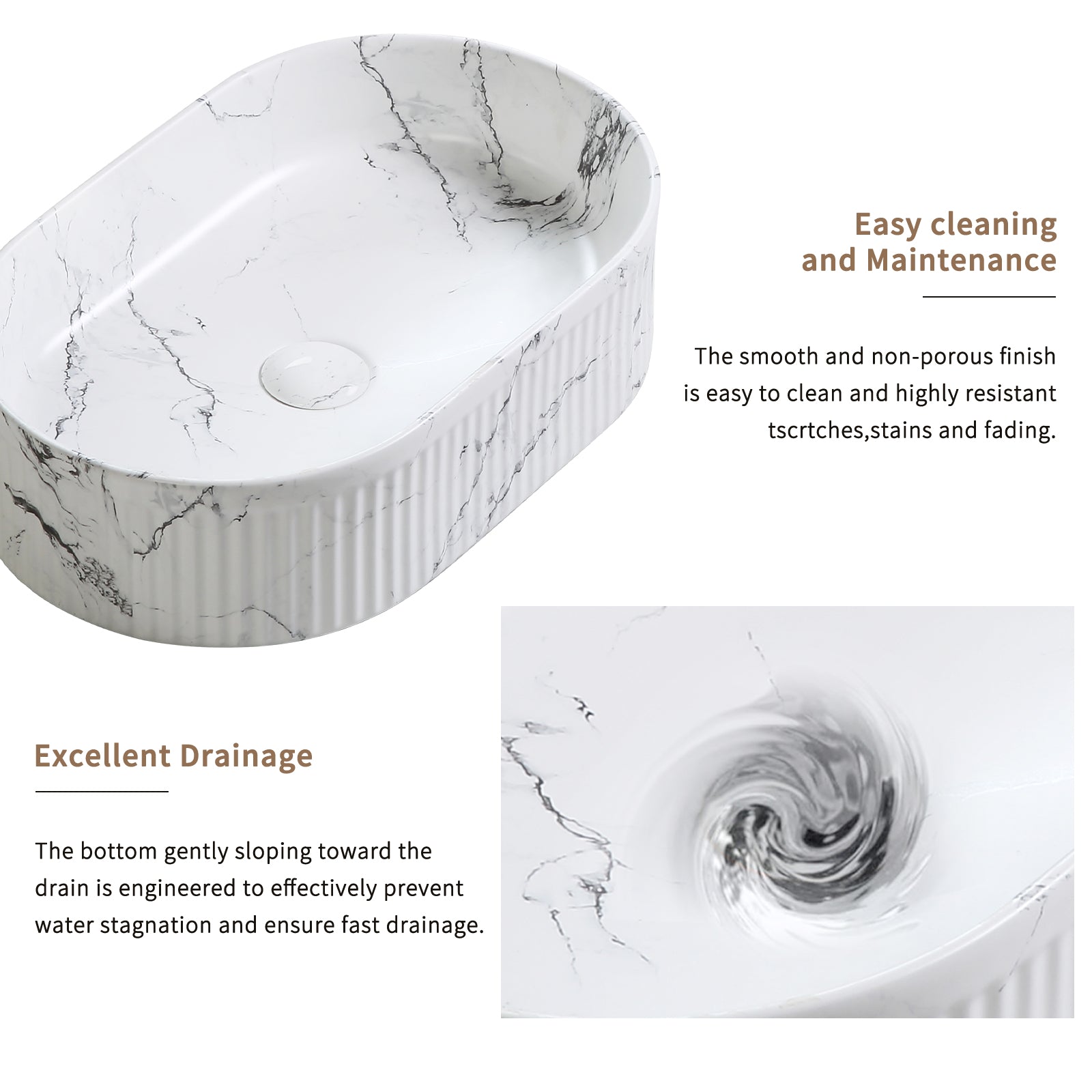 White & Black Marble Vessel Sink - 19" Round Above Counter Bathroom Vanity Sink