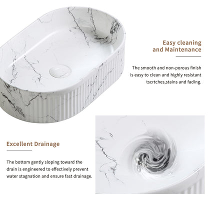 White & Black Marble Vessel Sink - 19" Round Above Counter Bathroom Vanity Sink