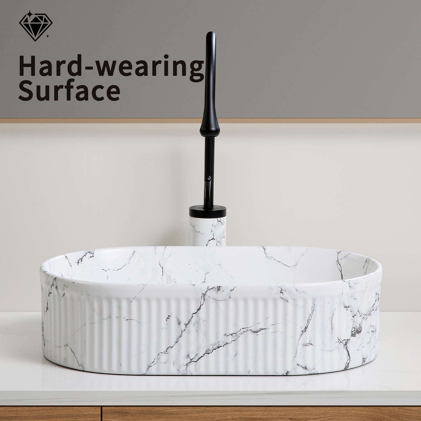 White & Black Marble Vessel Sink - 19" Round Above Counter Bathroom Vanity Sink