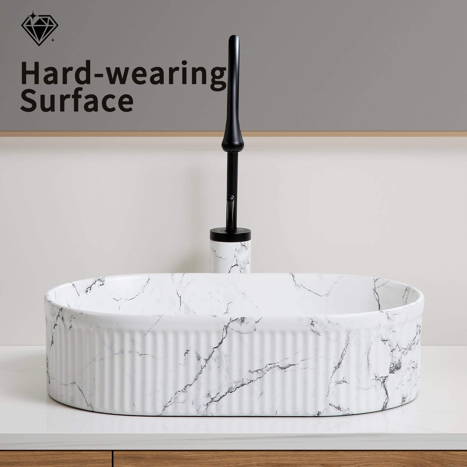White & Black Marble Vessel Sink - 19" Round Above Counter Bathroom Vanity Sink