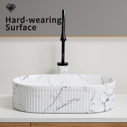 White & Black Marble Vessel Sink - 19" Round Above Counter Bathroom Vanity Sink