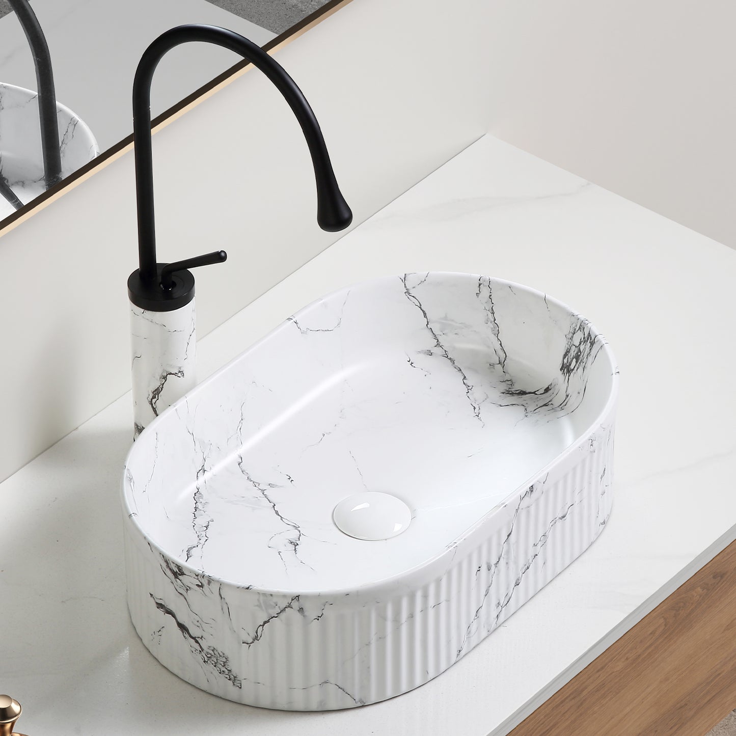 Oval Vessel Sink Black White Marble 19x12 Inch Bathroom Vessel Sink Round Above Counter Sink,Porcelain Ceramic Countertop Washing Art Basin for Vanity Lavatory Bath Cabinet with faucet Darin