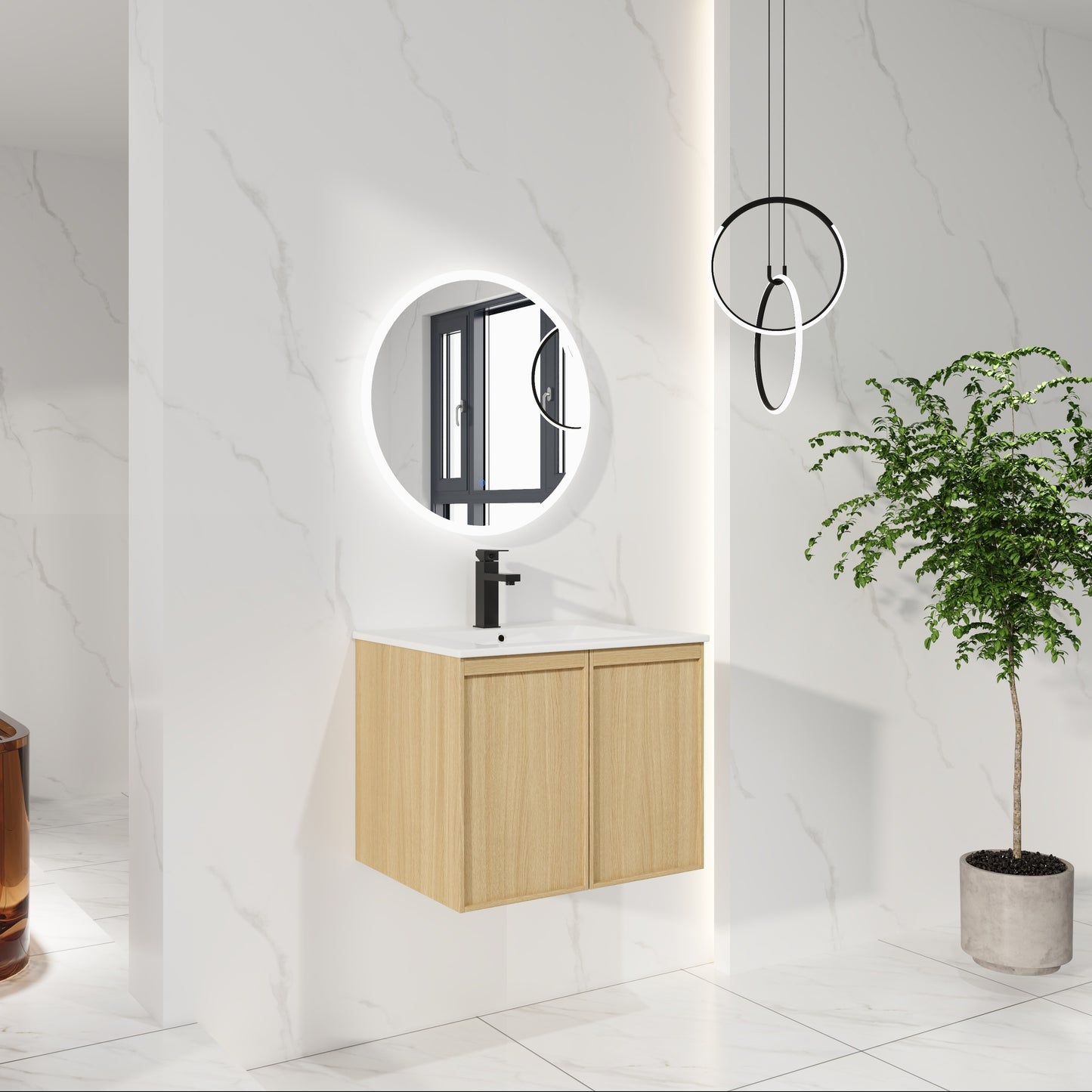 24" Floating Bathroom Vanity - White & Light Oak Storage