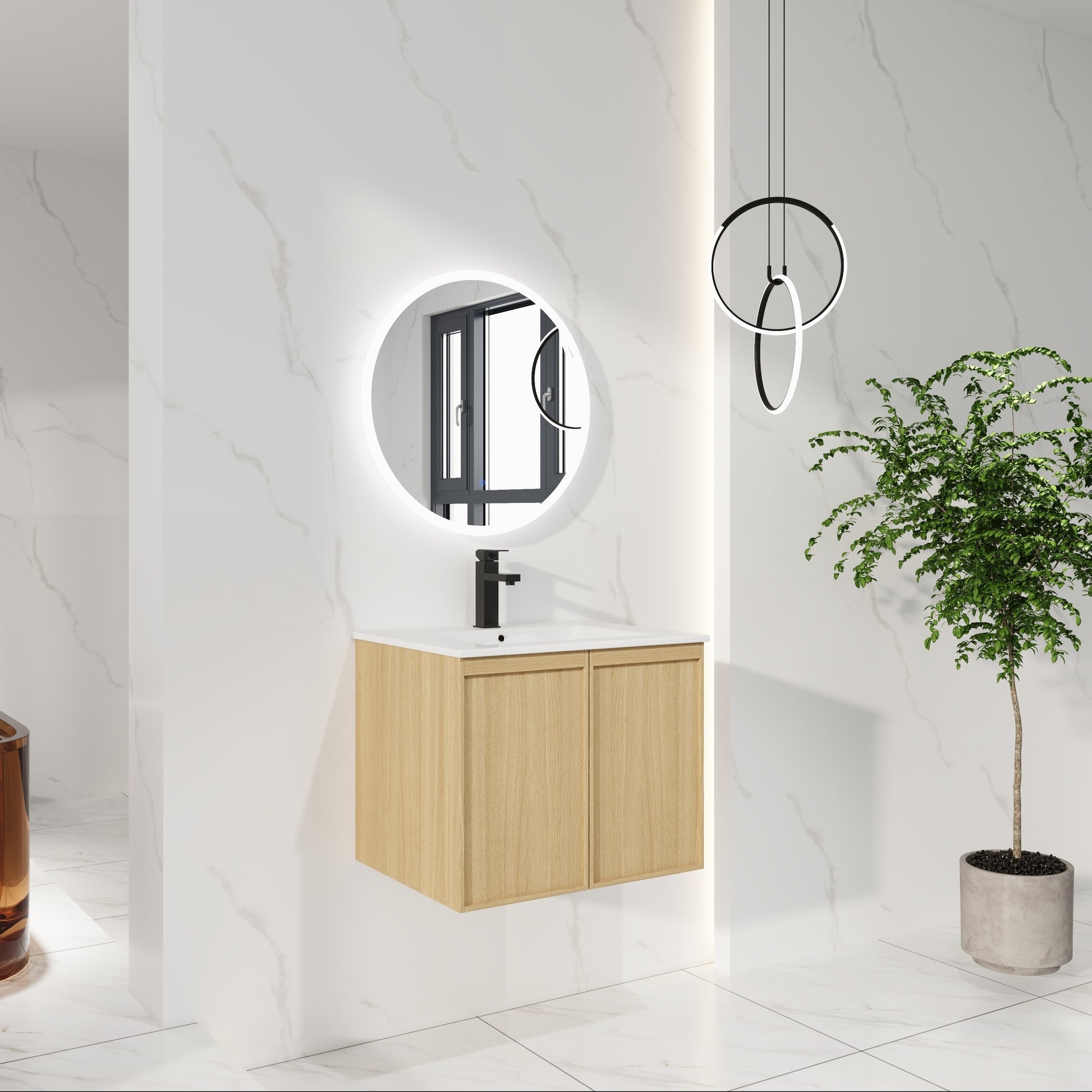 24" Floating Bathroom Vanity - White & Light Oak Storage