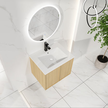 24" Floating Bathroom Vanity - White & Light Oak Storage