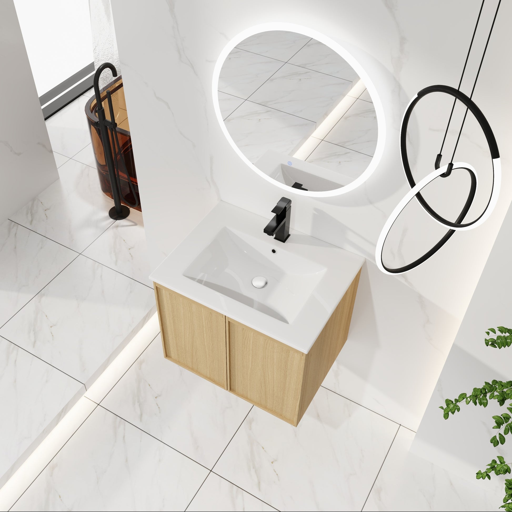 24" Floating Bathroom Vanity - White & Light Oak Storage