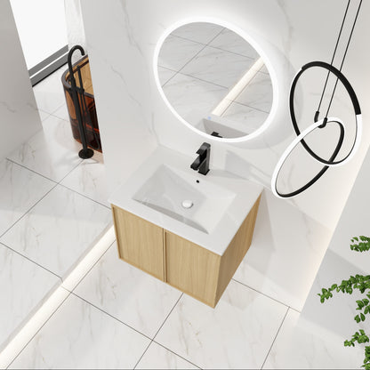 24" Floating Bathroom Vanity - White & Light Oak Storage