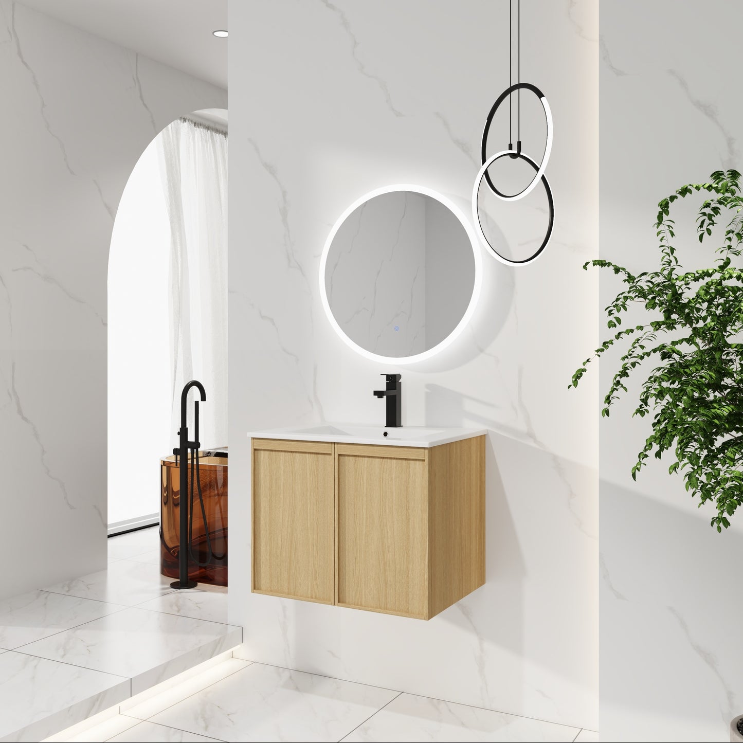 24" Floating Bathroom Vanity - White & Light Oak Storage
