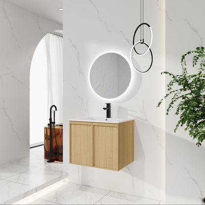 24" Floating Bathroom Vanity - White & Light Oak Storage