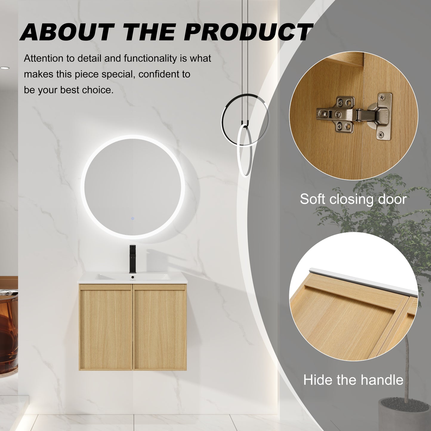 24" Floating Bathroom Vanity - White & Light Oak Storage