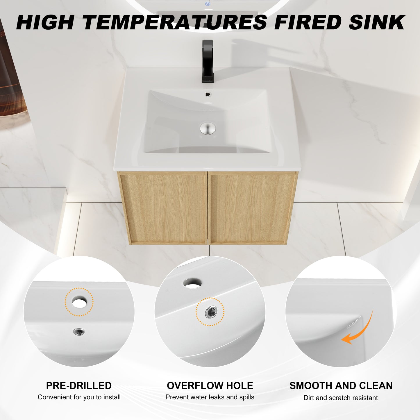 24" Floating Bathroom Vanity - White & Light Oak Storage