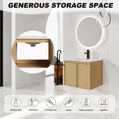 24" Floating Bathroom Vanity - White & Light Oak Storage