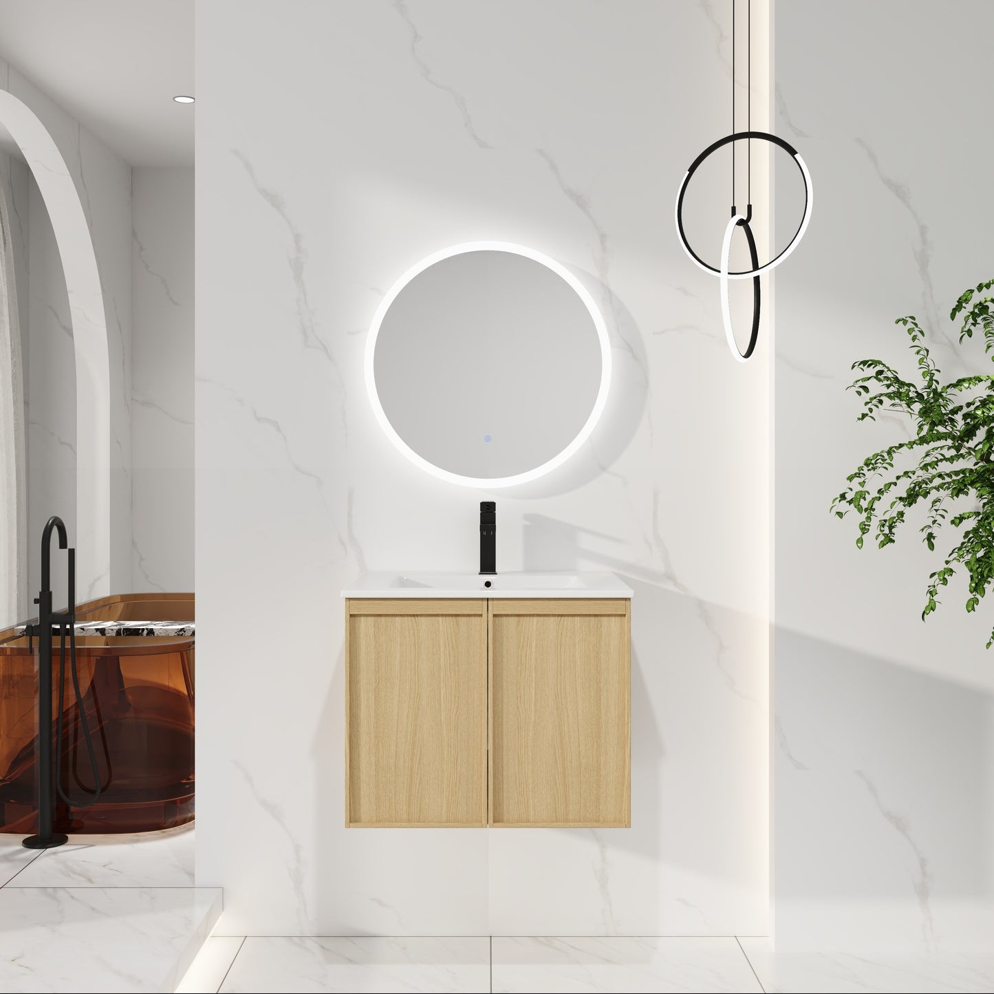 24" Floating Bathroom Vanity with Sink, Wall-Mounted Modern Light Oak Cabinet, Thin Edge Ceramic Basin, Soft-Close Doors, Space-Saving Storage, Easy Installation