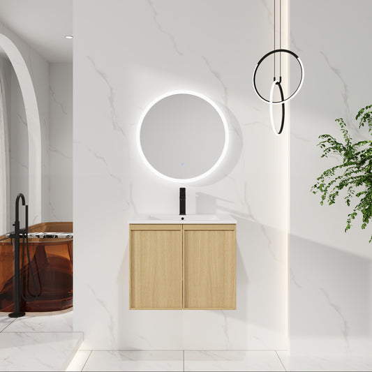 24" Floating Bathroom Vanity with Sink, Wall-Mounted Modern Light Oak Cabinet, Thin Edge Ceramic Basin, Soft-Close Doors, Space-Saving Storage, Easy Installation