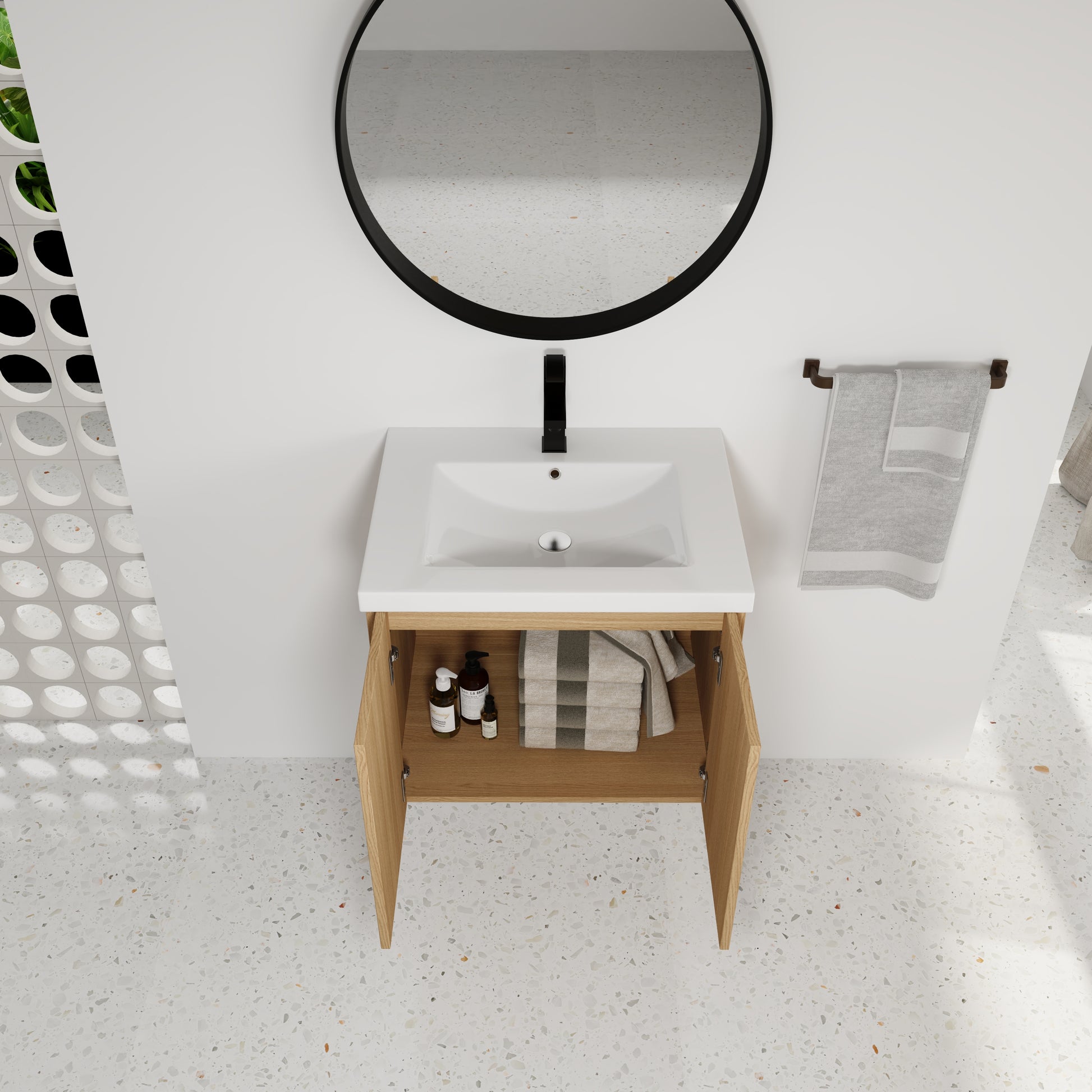 Light Oak Bathroom Vanity - Wall Mounted Storage