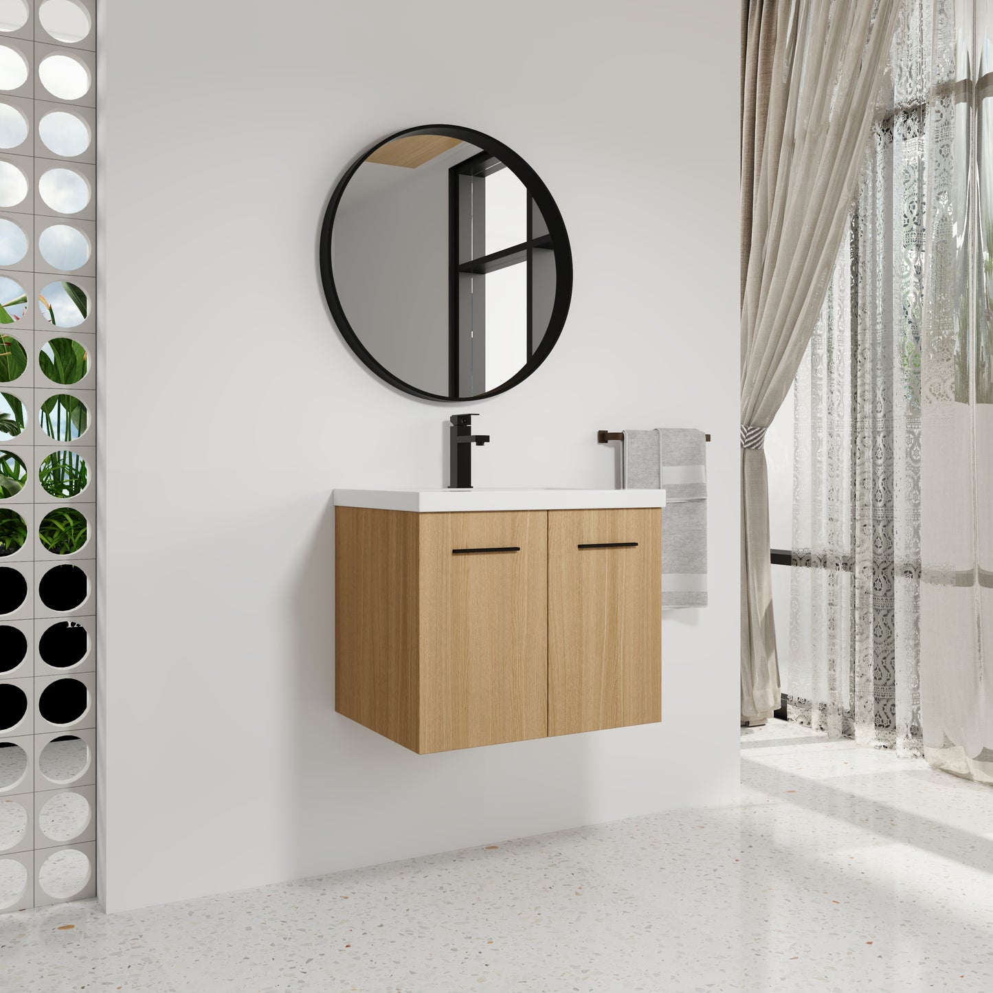 Light Oak Bathroom Vanity - Wall Mounted Storage