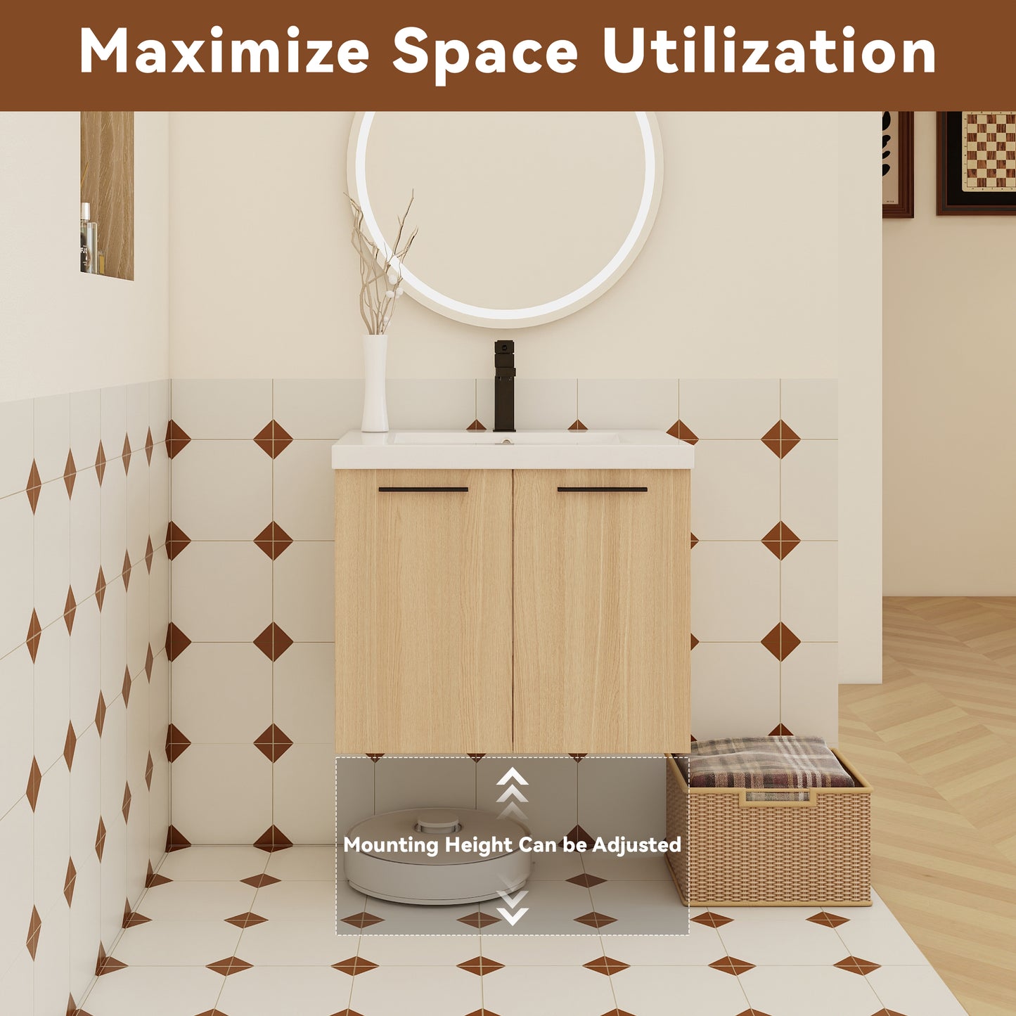 Light Oak Bathroom Vanity - Wall Mounted Storage