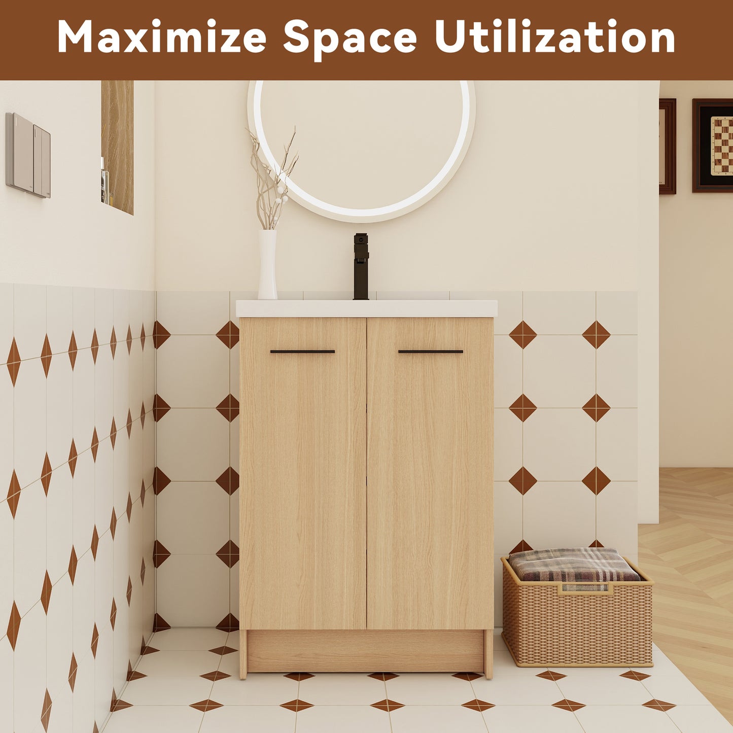24" Freestanding Bathroom Vanity - Light Oak Storage