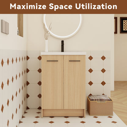 24" Freestanding Bathroom Vanity - Light Oak Storage