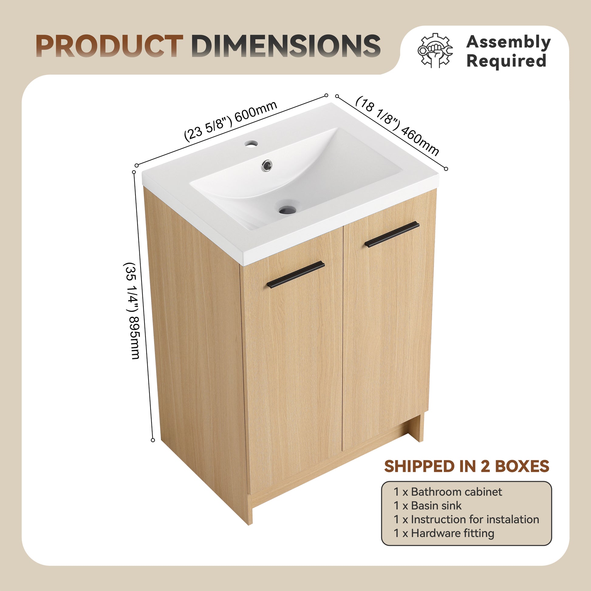 24" Freestanding Bathroom Vanity - Light Oak Storage