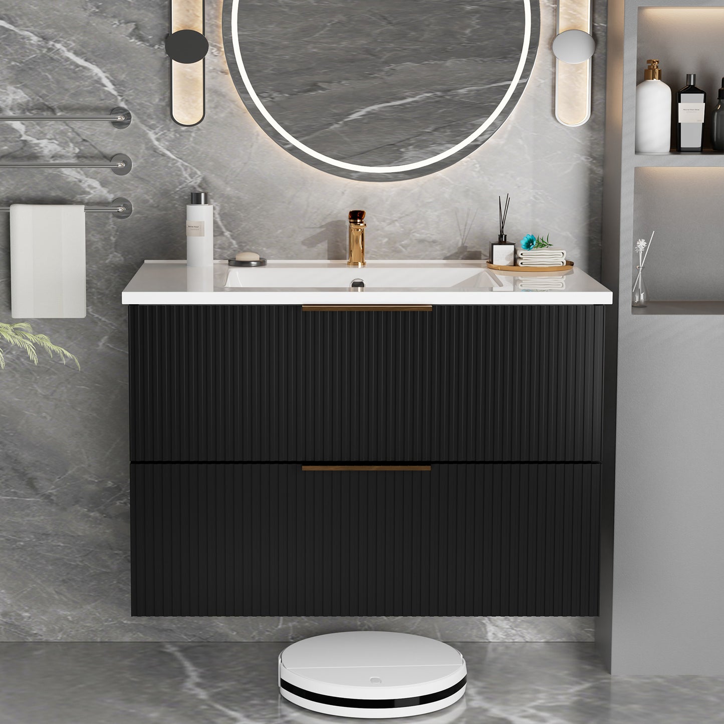 Black MDF Bathroom Vanity - Floating Wall Mounted Storage