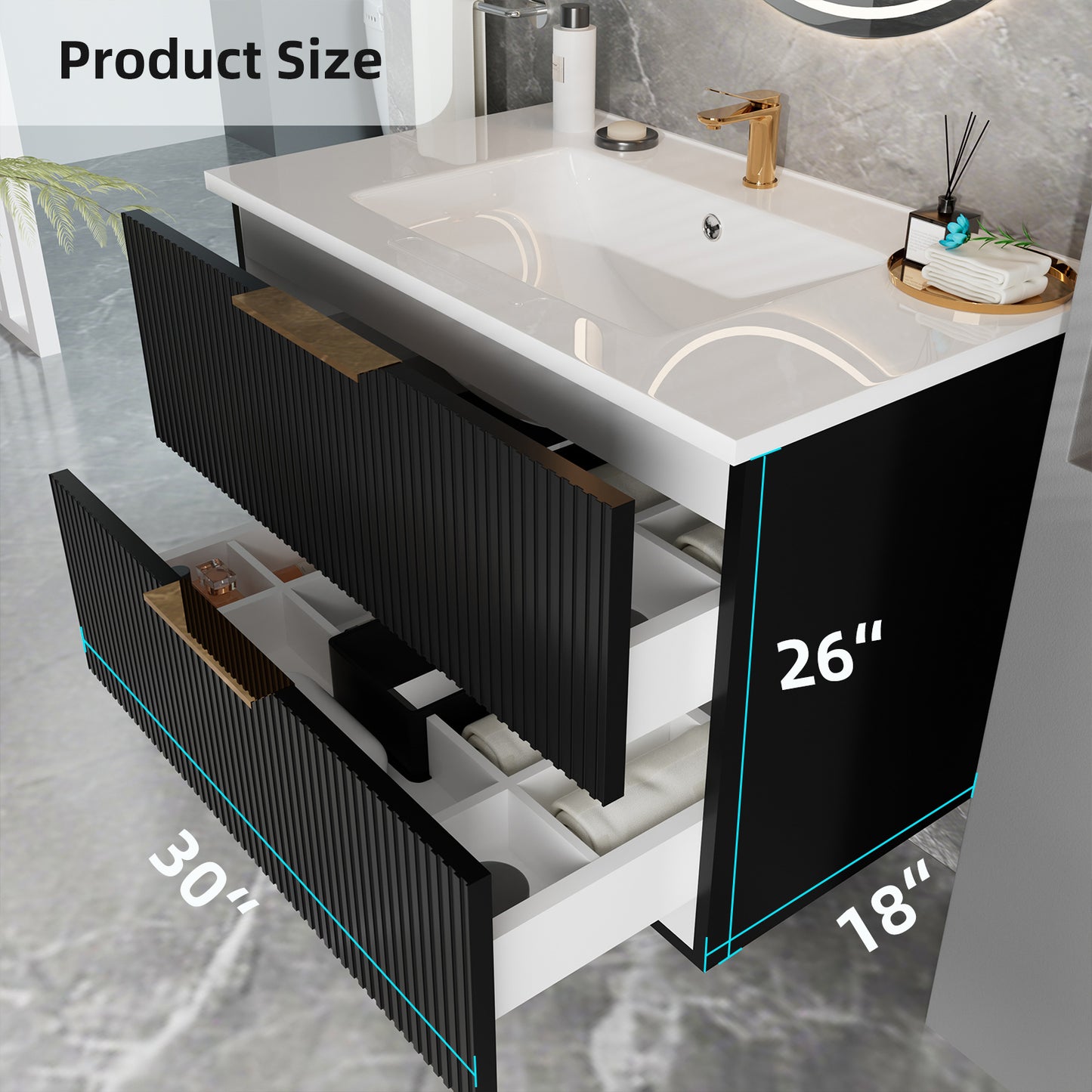 Black MDF Bathroom Vanity - Floating Wall Mounted Storage