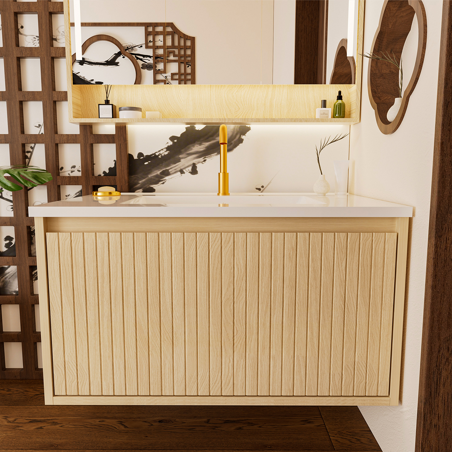 Oak Floating Bathroom Vanity - 30 Inch Storage