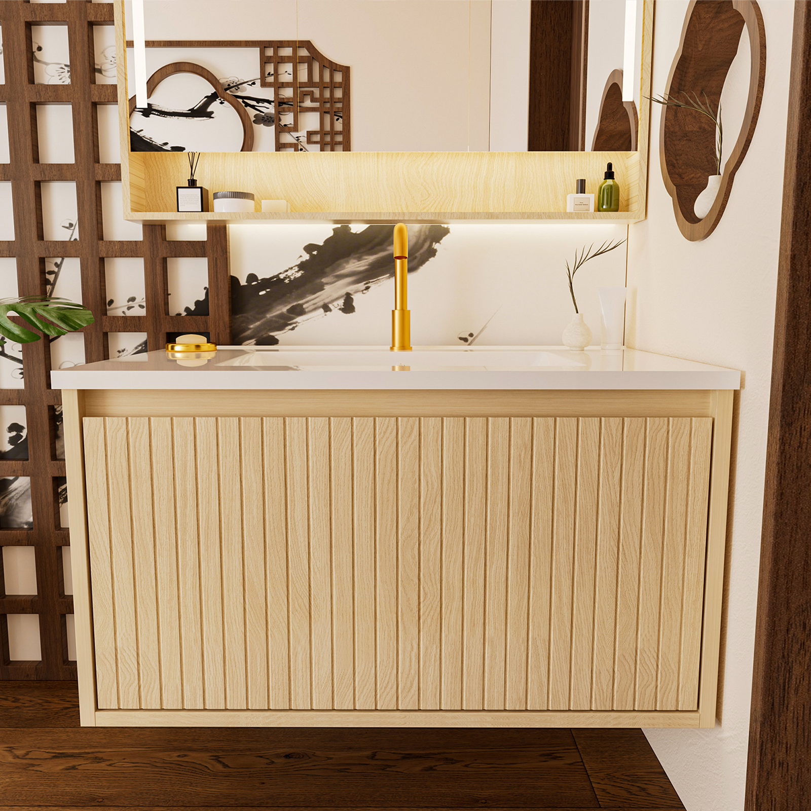 Oak Floating Bathroom Vanity - 30 Inch Storage