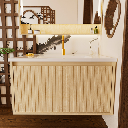 Oak Floating Bathroom Vanity - 30 Inch Storage