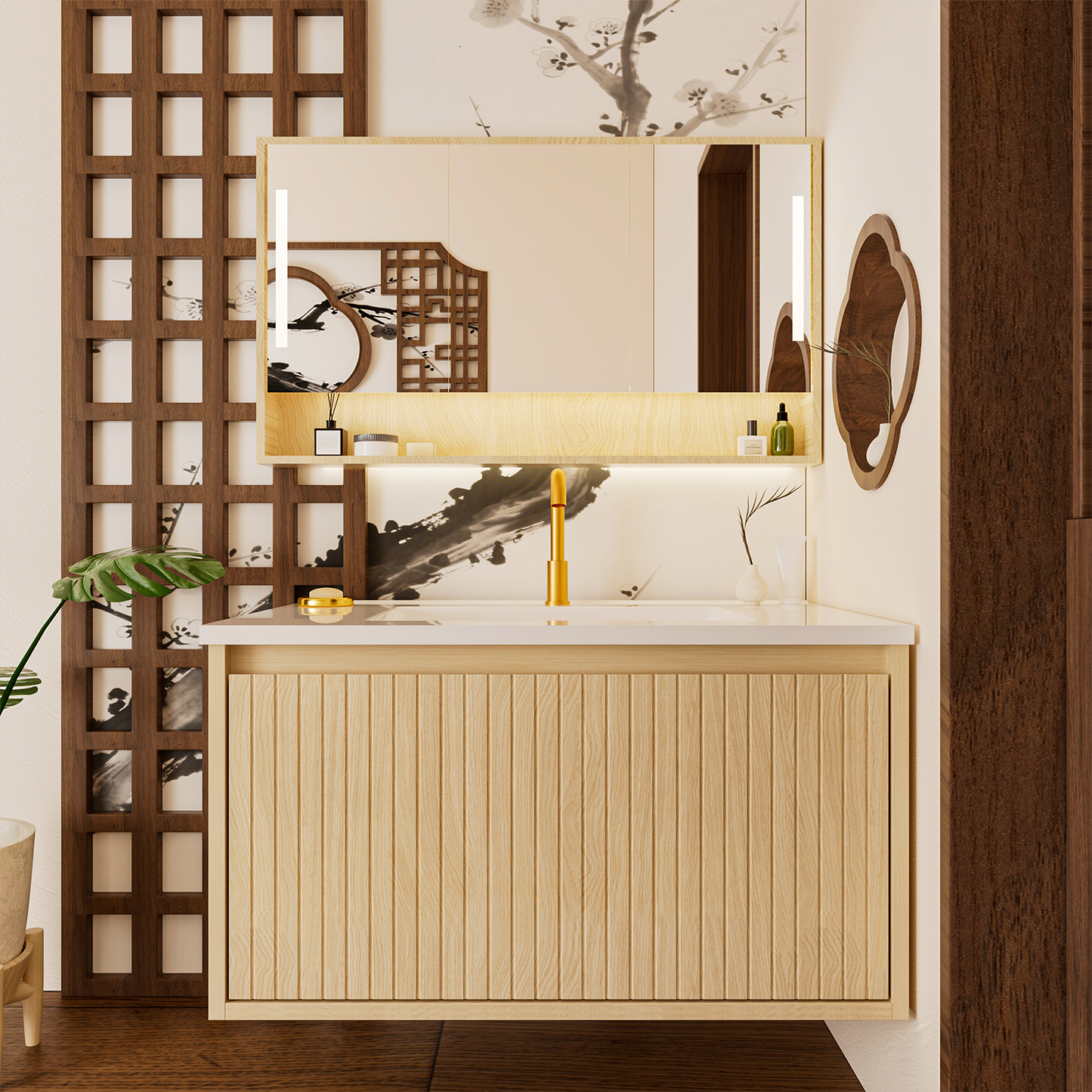 Oak Floating Bathroom Vanity - 30 Inch Storage