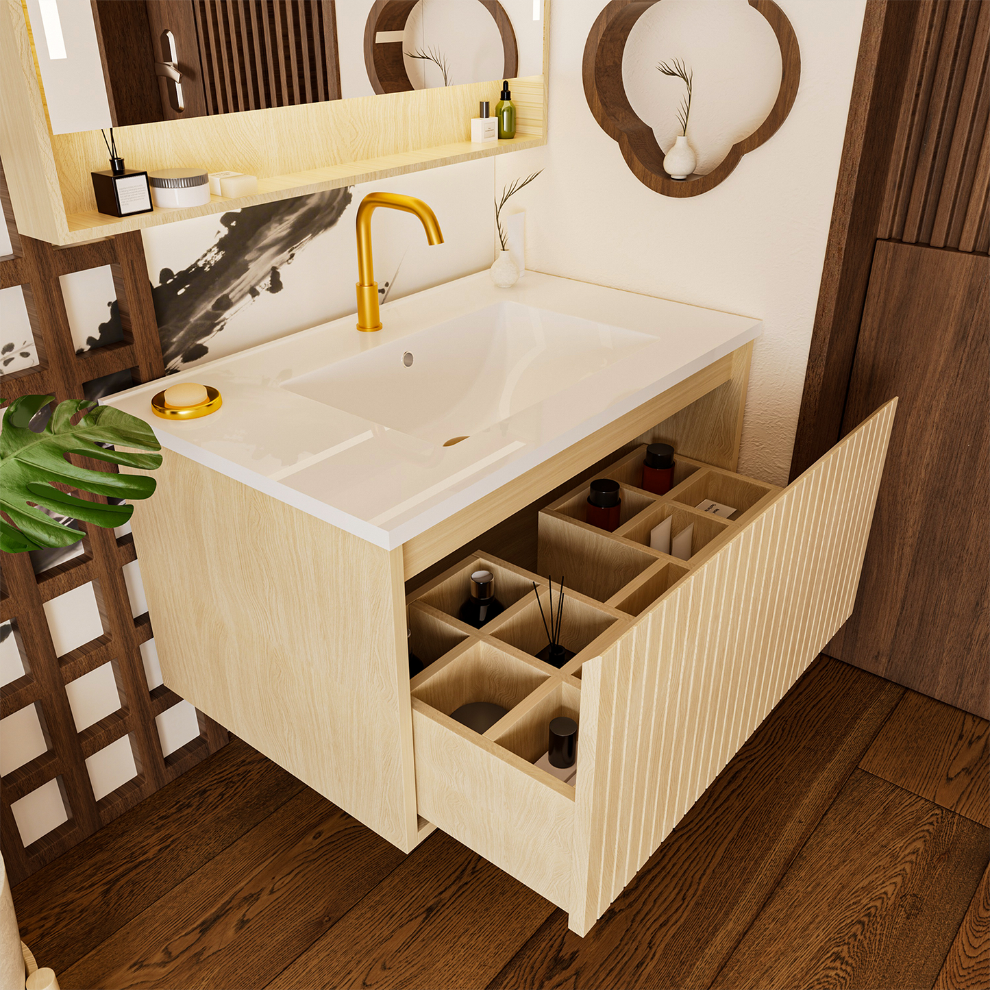 Oak Floating Bathroom Vanity - 30 Inch Storage