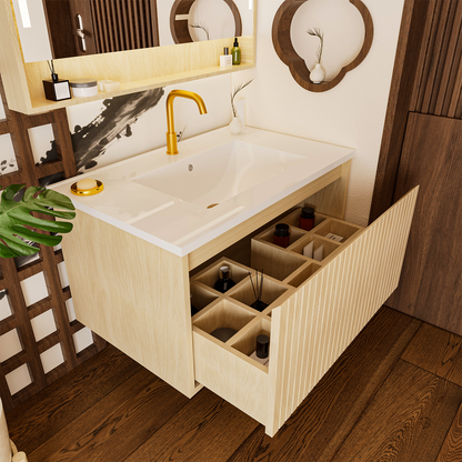 Oak Floating Bathroom Vanity - 30 Inch Storage