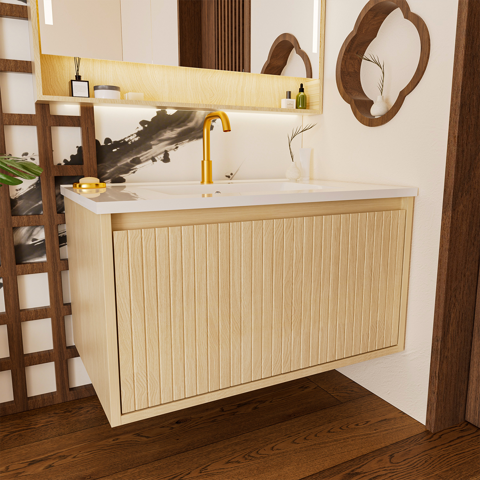 Oak Floating Bathroom Vanity - 30 Inch Storage