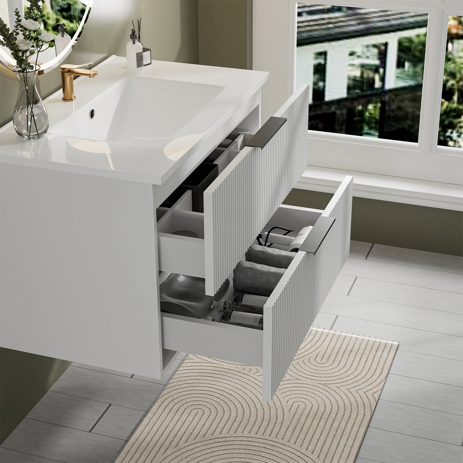 30 Inch White Bathroom Vanity - Wall Mounted MDF