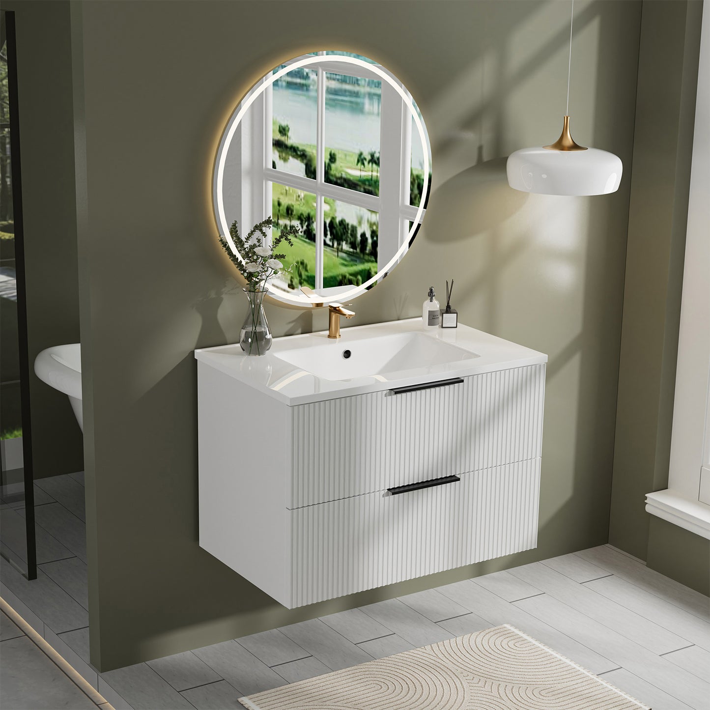 30 Inch White Bathroom Vanity - Wall Mounted MDF
