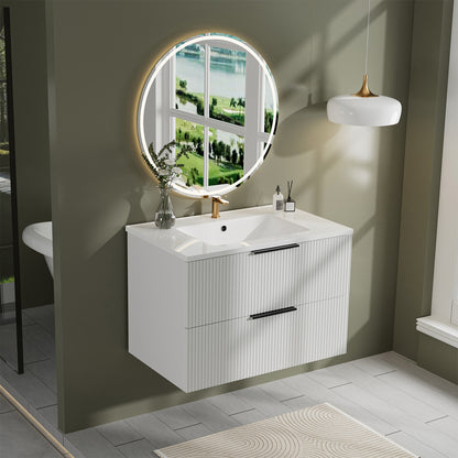 30 Inch White Bathroom Vanity - Wall Mounted MDF