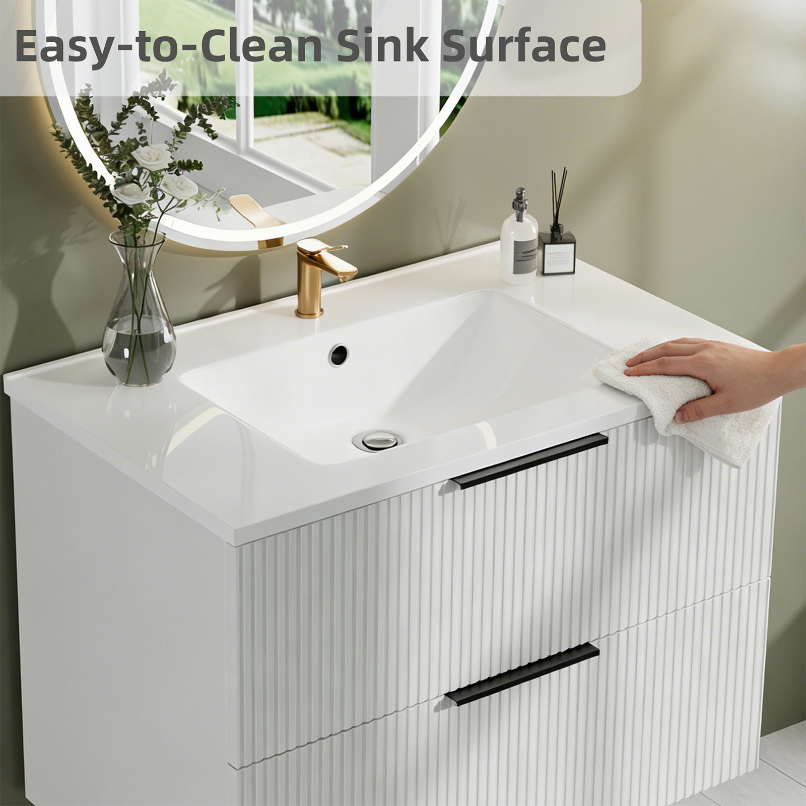 30 Inch White Bathroom Vanity - Wall Mounted MDF
