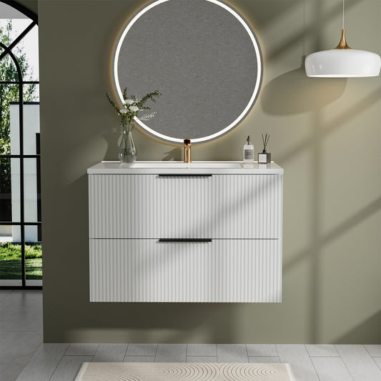 30 Inch Bathroom Vanity Cabinet With Ceramic Sink - White Wall Mounted Floating Fluted Vanity With Drawers, Modern