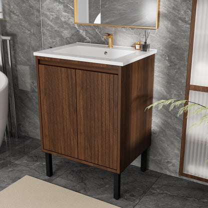 24 Inch Walnut Bathroom Vanity - Floor Standing Storage