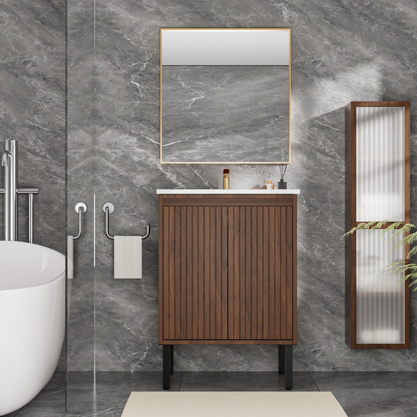 24 Inch Walnut Bathroom Vanity - Floor Standing Storage