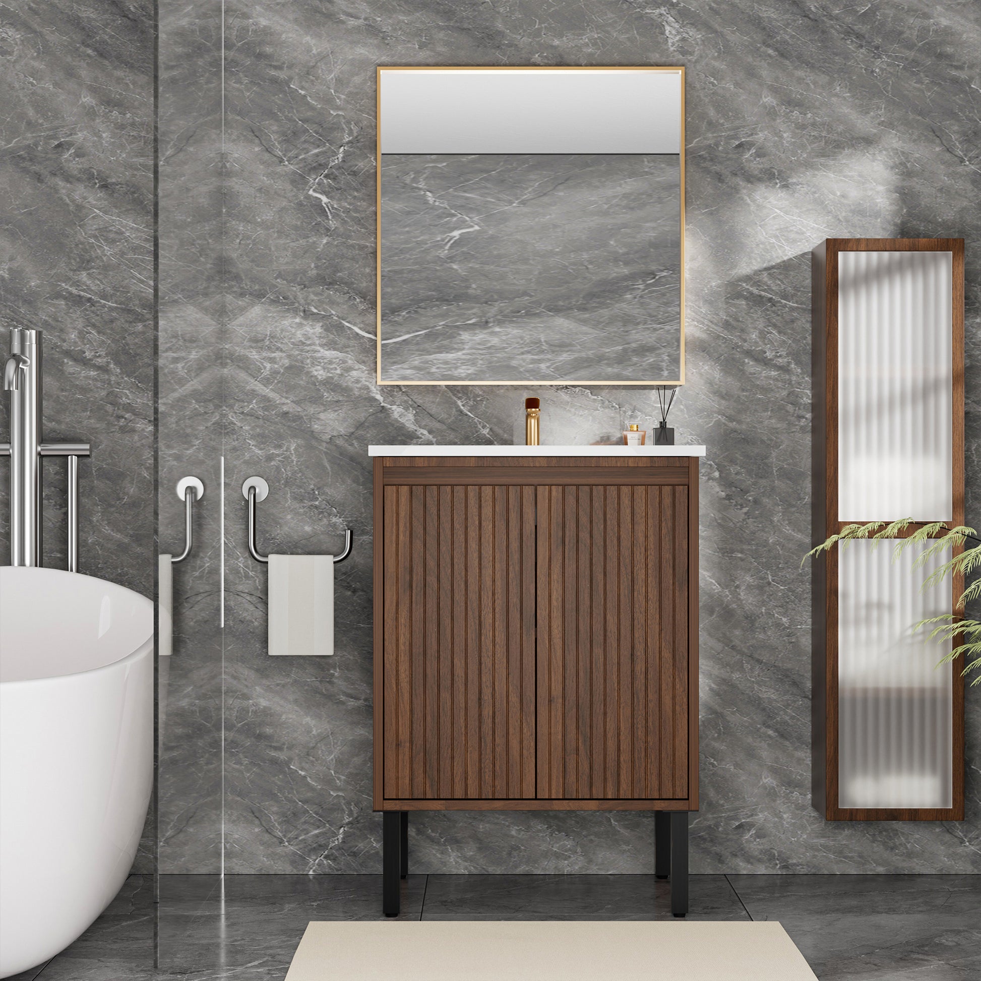 24 Inch Walnut Bathroom Vanity - Floor Standing Storage