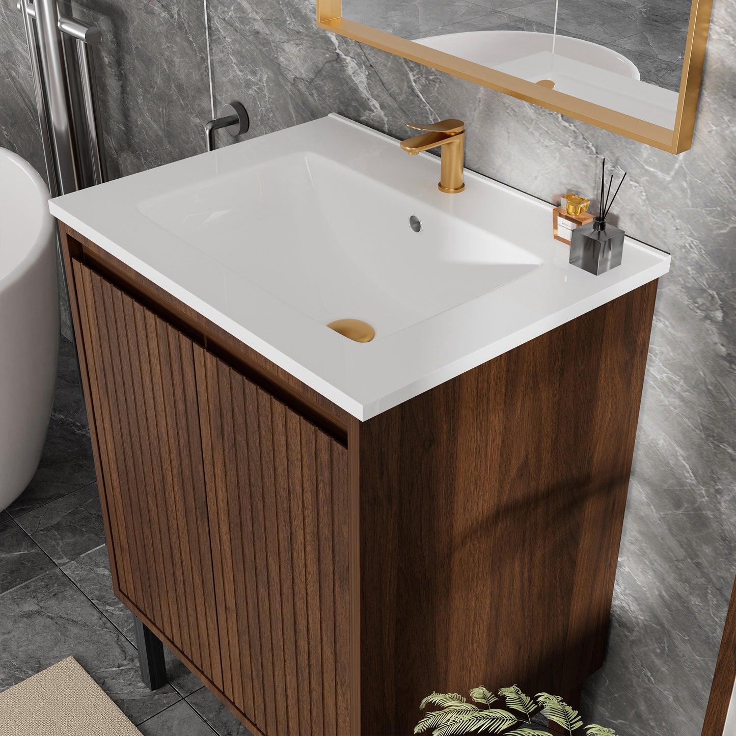 24 Inch Walnut Bathroom Vanity - Floor Standing Storage