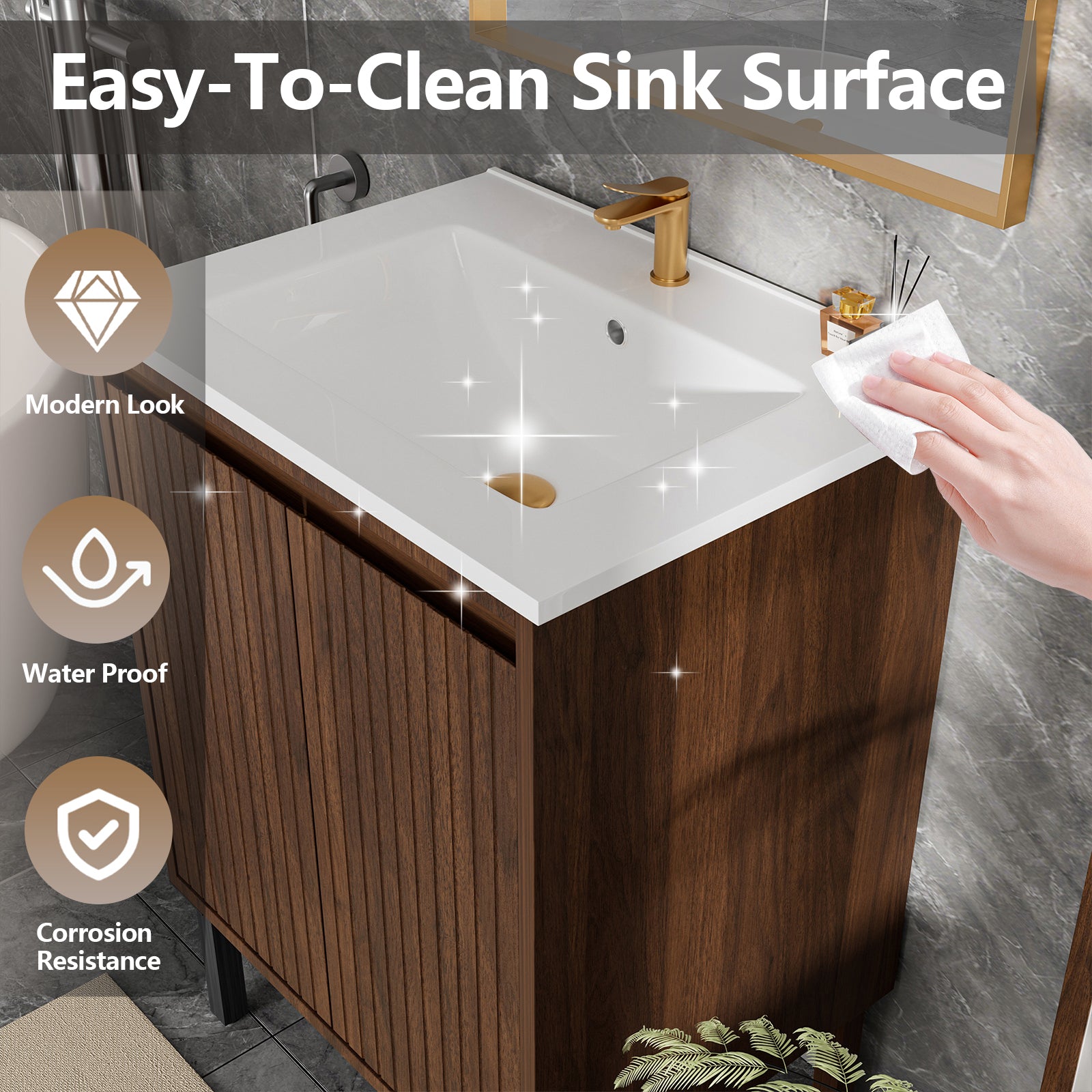 24 Inch Walnut Bathroom Vanity - Floor Standing Storage