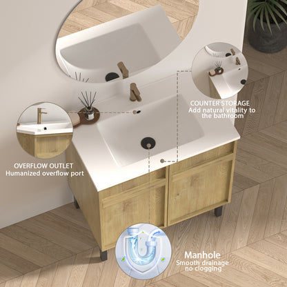 30 Inch Oak Bathroom Vanity with Grooved Panels & Sink