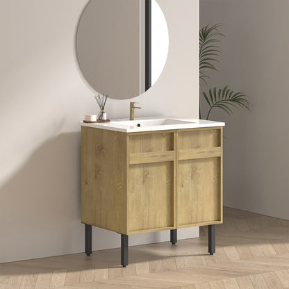 30 Inch Oak Bathroom Vanity with Grooved Panels & Sink