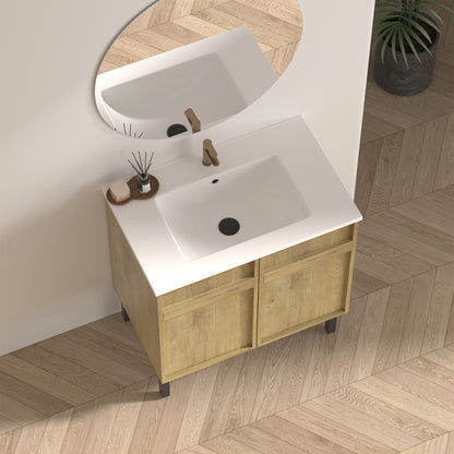 30 Inch Oak Bathroom Vanity with Grooved Panels & Sink